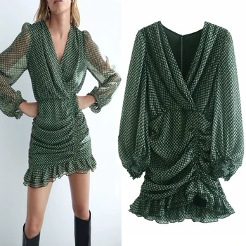 Zelena Kovinski Navoj Draped Mini Obleka Ženske Za Leto 2020 Proti-vrat Dolg Rokav Ruched Ruffle Obleke Zapeto Nazaj Odpiranje Retro Obleko