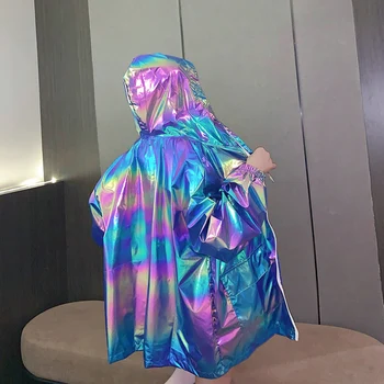 Holografski Hooded Jakna Ženske Laser Color Dolg Rokav Oversize High Street Jopiči Tanko Plast Vrhnja Oblačila Veliki Žepi Windbreaker