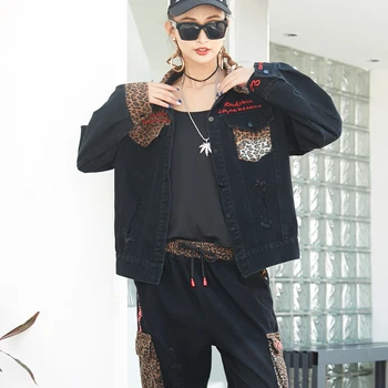 Max LuLu 2020 Moda Korejske Ženske Punk Spomladi Dva Kosa Določa Leopard Obleke Letnik Denim Ulične Womens Vrhovi Suknjič Hlače