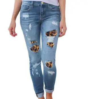 Plus Velikost Ženske Visoko Pasu Skinny Jeans Trdna Leopard Mozaik Nezakonitih Belušno Luknje Svinčnik Sopihanje Stretch Slim Hlač