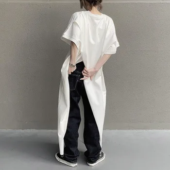 Harajuku Oversize Dolgo Majica Krog Vratu Nazaj Split Padec Vrh Tees Korejski Moda Ulične Priložnostne Svoboden Poletje Bela Tshirts