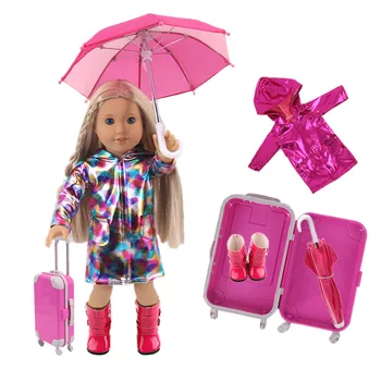 Lutka Baby dežni Plašč 4Pcs/Set=Kovček+dežni Plašč+Čevlji+Dežnik Za 18 Inch American&43 cm Baby Novo Rojen Lutka Dekle 