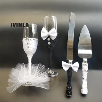 4pcs/set ženin in nevesta na poroko čipke Šampanjec Toasting Očala Nastavite čipke poroko vino pokal +čipke Torto nož