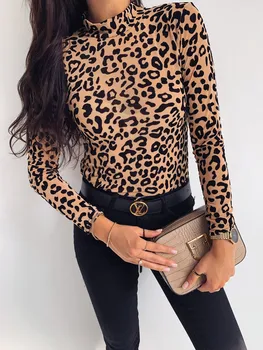CA Ženske Leopard Tiskanja Želva Vratu Jeseni Dolg Rokav T-majice Stranka Vrhovi