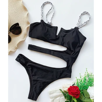 Votlo iz kopalke enodelne Seksi trak bodysuit enega kosa obleko Bela črna ženske kopalke Monokini Plaža obrabe, Plavanje obleko