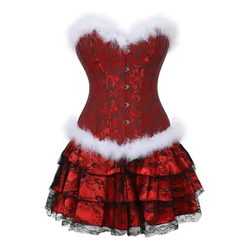 Božič Santa Korzet Obleko Overbust Bustier Krilo Nastavite Corselet Perilo Burleske Gothic Letnik Plus Velikost Seksi Kostum Rdeče