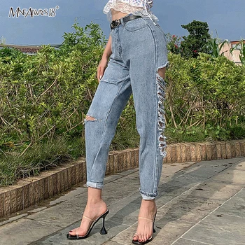 Mnealways18 Votlo Luknjo Ven Ženske Hlače Jeans Seksi Visoko Pasu Traper Hlače Modni Naravnost Hlače Ulične Priložnostne 2020 Nova