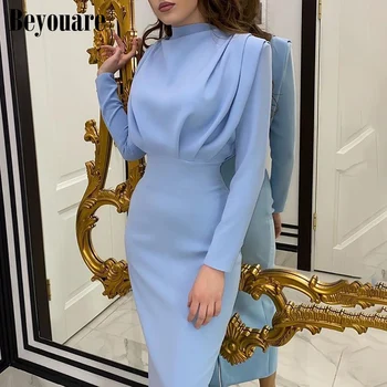 Beyouare Moda Elegantne Ženske Obleke Stojala Za Ovratnik, Dolgi Rokavi Vitek Pas Solid Blue Gleženj Dolžina Obleko Jeseni Priložnostne Stranka 2020