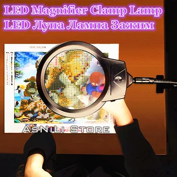 Diamond slikarstvo orodja Novo prižgano povečevalno steklo, clip-on desktop LED desk lučka za branje velikih leče, povečevalna stekla s posnetka