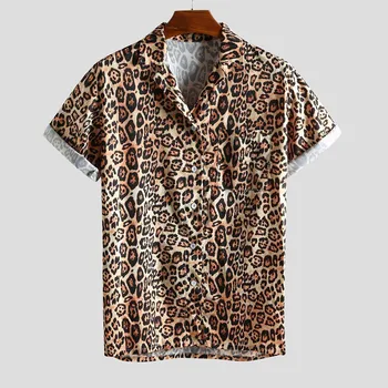 Srajca Moški men je Bombaž Perilo Natisnjeni znižuj Ovratnik Leopard Moda Kratek Rokav Svoboden Športna Majica Moški Bluzo