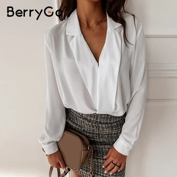 BerryGo Urad dama v vratu bluzo majica Dolg rokav pomlad poletje belo bluzo vrhovi Žensko delo obrabe ženske majica priložnostne blusas