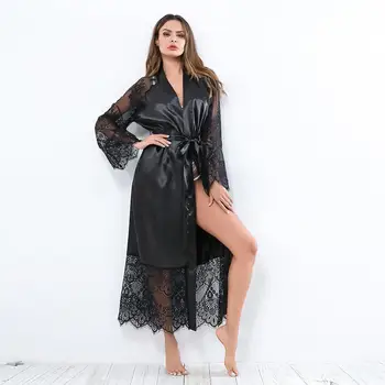 2020 Vroče Nove Visoke Kakovosti Black Ženske Svile Rajon Haljo Seksi Dolgo spodnje Perilo Sleepwear Kimono Nightgown Plus Velikost S M L XL XXL XXXL
