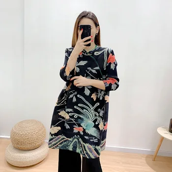 Ženske Majice Plus Velikost 2020 Jeseni Mode Natisnjeni Stojalo Ovratnik tričetrt Rokavi Svoboden Elastična Miyake Naguban Dolgo Vrhovi