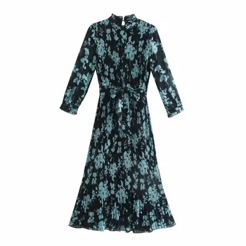 Modra Naguban Tiskanja Midi Obleko Za Ženske Do Leta 2020 Visoko Vratu Dolgo Puff Rokav Ruffle Obleka Ženska Moda Vezani Pasu Laddies Obleke