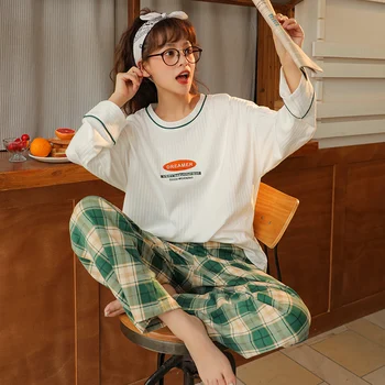 CAIYIER 2020 korejski Luštna Dekleta Krog Vratu More Mehko Dolg Rokav Sleepwear Risanka Bombažno Pižamo Nastavite Pozimi Priložnostne Homewear