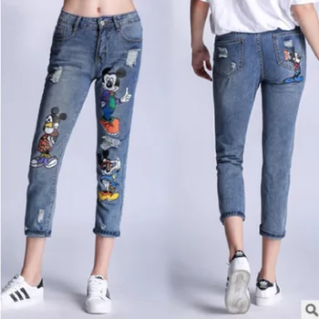 DISNEY jeans ženska pomlad new Mickey natisnjena luknjo velikosti žensk zunanje trgovine, majhne noge, raztrgane kavbojke jeans za ženske