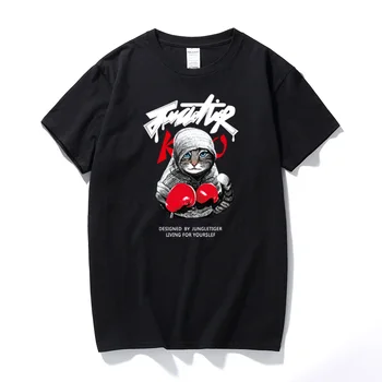 2017 Poletne Ulične T-shirt Mens figting boksar mačka tiskanja Hip Hop Vrhovi Tee Srajce Zamotek Hipster Bombaž Majica Plus Velikost