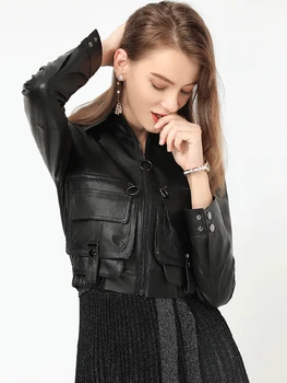 Lautaro Black rastlinske usnjena jakna ženske zadrgo dolg rokav Oblikovalec odrezana suknjič Plus velikost modna oblačila za ženske 6xl 7xl
