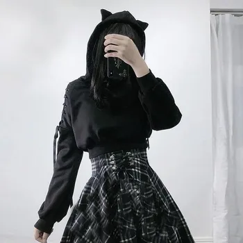 Harajuku Temno Črna Majica Ženske Hudič Mačje Uho Čipke Hoodies Center Goth Punk Srčkan Ulica Ohlapen Pulover Femme
