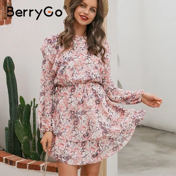 BerryGo Ženske cvjetnim tiskanja obleko Elegantno puff rokav a-line šifon obleko Visoko pasu krila delo obrabe urad dama roza obleko 2020
