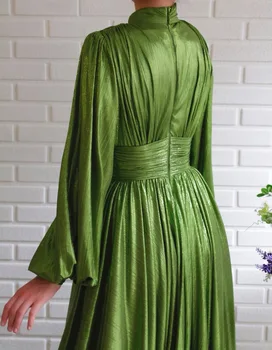Ženske obleke 2020 Jeseni Priljubljena Barva Luč rokav Visoko Pasu Obleke Velikem Zamahu Seksi Avokado Dolgo Zeleno Obleko