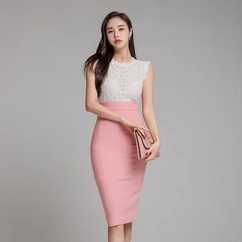 Ženske obleka 2020 poletje novo korejska različica temperament krog vratu brez rokavov čipke šivanje Čipke Urad Dama
