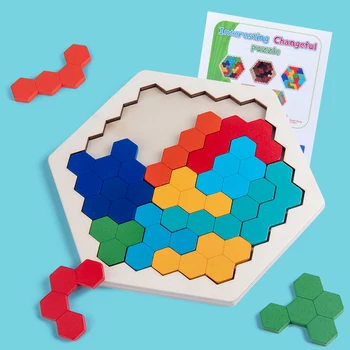 Lesene Šestrobi Puzzle za Otroke, za Odrasle - Satja Obliko Tangram Sestavljanke Igrače Geometrijo Logiko, IQ Igre Darilo za Toddlers