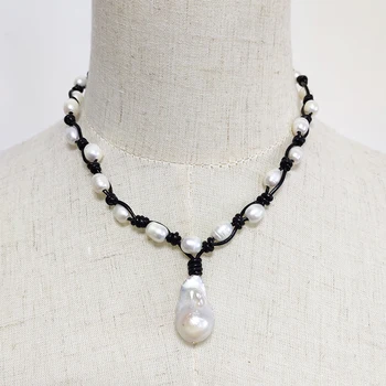 Moda baročnem slogu biserno ogrlico, obesek, črna usnjena vrv ročno vozlane vrv Nakit retro divje pribor za oblačila