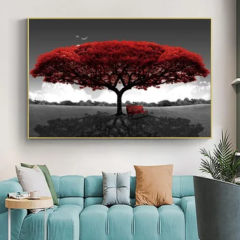 Nordijska Dekor Rdeča, Romantično Drevo Wall Art Na Platno Slikarstvo Plakatov In Fotografij Krajinski Park Brez Okvirja Slike Za Dnevno Sobo