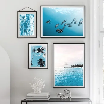 Palmovih Listov Blue Beach Morska Riba, Ladja Nordijska Plakatov In Fotografij Wall Art Platno Slikarstvo Stenske Slike Za Dnevna Soba Dekor