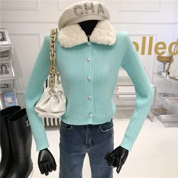 Celebrity stilu volne ovratnik, pletene cardigan Ženske zimske 2020 Moda Nova Zasnova občutek slim beloprsi singl kratek plašč