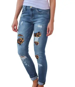 Plus Velikost Ženske Visoko Pasu Skinny Jeans Trdna Leopard Mozaik Nezakonitih Belušno Luknje Svinčnik Sopihanje Stretch Slim Hlač