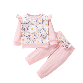 2 Kos Dojenčka Daisy / Cvetlični Obleke, Malčka Dolgimi Rokavi, Okoli Vratu Ruffle Puloverju + Lok Hlače 1-4 Let