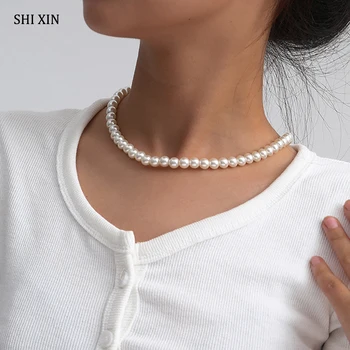 SHIXIN Preprosto Kratek Imitacije Pearl Choker Ogrlica za Ženske korejski Beli Biseri Biseri Choker Ovratnik 2020 Ogrlice Modni Nakit