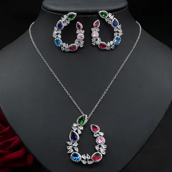 Zlxgirl nakit razkošje blagovne znamke color kubičnih cirkonij baker obesek z uhan poročni nakit sklopov fine ženske ogrlico in ušesa