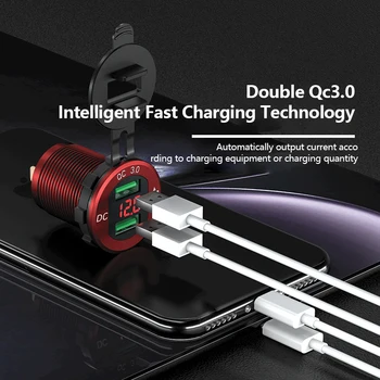 Dvojno USB QC 3.0 Avto Polnilec Aluminija Vtičnico in Vtičnico za izmenični Tok Z Digitalno Napetost Zaslonu Za 12V/24V Avto, motorno kolo