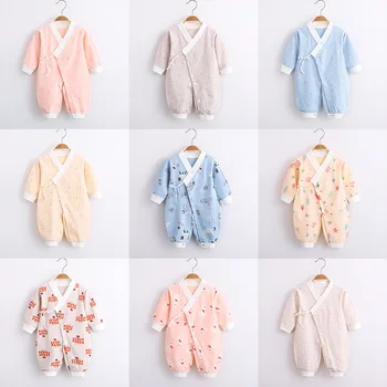 Novorojenega Dojenčka Baby Boy Dekleta Trdna Risanka Natisnjeni Preja Haljo Kimono Romper Jumpsuit Sleepwear Čistega Bombaža Poletnih Oblačil Roupa