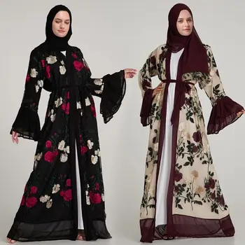 Luksuzni Muslimanskih Vezenje Cvetlični Abaya Polno Obleke Flare Rokav Jopico Kimono Dolgo Haljo Tunika Bližnjem Vzhodu Ramadana Arabski Islamski
