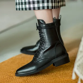 FEDONAS Moda za Ženske Škornji 2020 Newet Pravega Usnja Križ Vezani Debele Pete, Čevlji Ženska Retro Stranka Delovni Čevlji Čevlji