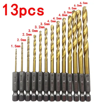 13pcs HSS Titanium obložene Twist Drill Bit Hex 1/4 Kolenom 1.5-6,5 mm Za Les/Glue/Aluminija/Tanko Železo