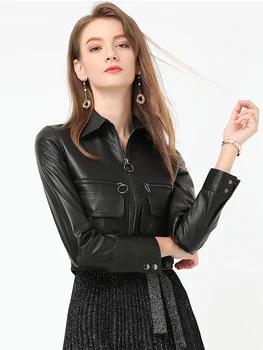 Lautaro Black rastlinske usnjena jakna ženske zadrgo dolg rokav Oblikovalec odrezana suknjič Plus velikost modna oblačila za ženske 6xl 7xl