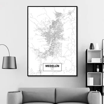 Medellin, Kolumbija Črno Bel Meri Svetovni Zemljevid Mesta Plakat Platno, Tisk Skandinavski Slog Wall Art Dom Dekor