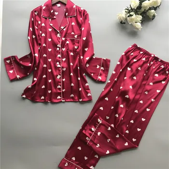 2019 Saten Pižame Ženske Pižame Postavlja z Hlače 2019 Cvet Tiskanja Dolg Rokav Svile Sleepwear Pijama Mujer Ženski Nightsuit