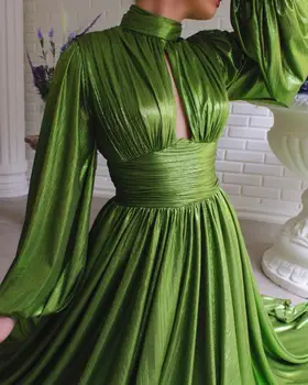Ženske obleke 2020 Jeseni Priljubljena Barva Luč rokav Visoko Pasu Obleke Velikem Zamahu Seksi Avokado Dolgo Zeleno Obleko