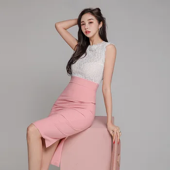 Ženske obleka 2020 poletje novo korejska različica temperament krog vratu brez rokavov čipke šivanje Čipke Urad Dama