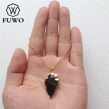 FUWO Naravni Črni Turmalin Ogrlico S 24K Zlatom, ki je Napolnjena Resnično Poldragi Kamen Ročno Izrezljane Puščica Ogrlica NC051