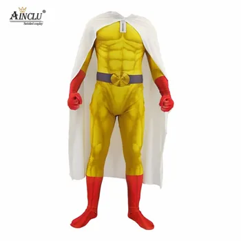 Ainclu Mens Fantje EN UDAREC ČLOVEK Cosplay Kostume Super junak Saitama Cosplay Bodysuit Halloween Jumpsuits Obleke z Plašč/Cape