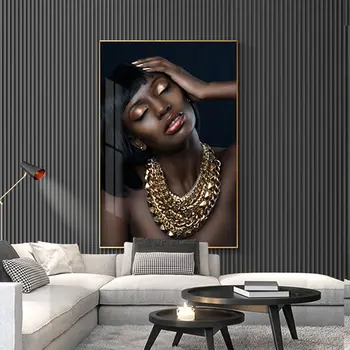 Nude Afriško Žensko Zlato Dekle Ogrlica Portret Platno Slikarstvo Cuadros Plakatov in Fotografij Stenskih slikah, za Dnevna Soba Dekor