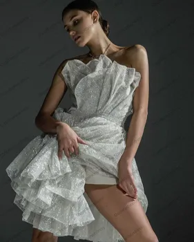Sijoče Sparkle Silver Bleščica Čipke Prom Oblačenja 2021 Seksi brez naramnic Mini A-linijo, Formalno Stranko Obleko Ruffles Ples Obleka