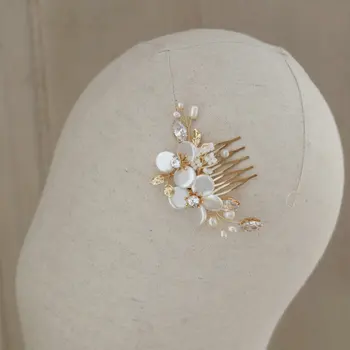 Krasen Pearl Cvet Poročne Las Glavnik Sijoče Cirkon Kristalno Headdress Gold Leaf Poročni Dodatki Za Lase